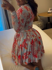 Print Long Sleeve Cross Top Pleated Skirt Two Piece Set