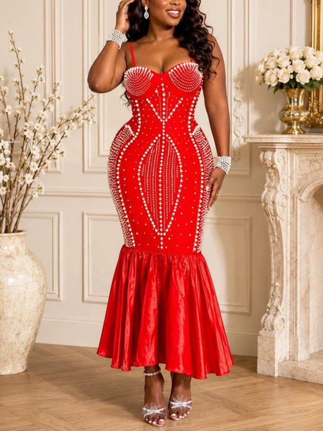 Beaded Rhinestone Strapless Bodycon Dress