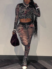 Mesh Print Crop Tops Tight Pants Clubwear Sets