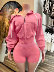 Casual Zip-Up Hooded Top And Shorts Sports Sets