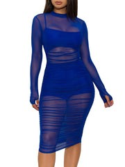 Sexy Sheer Mesh Ruched Bodycon Dress 3 Piece Sets