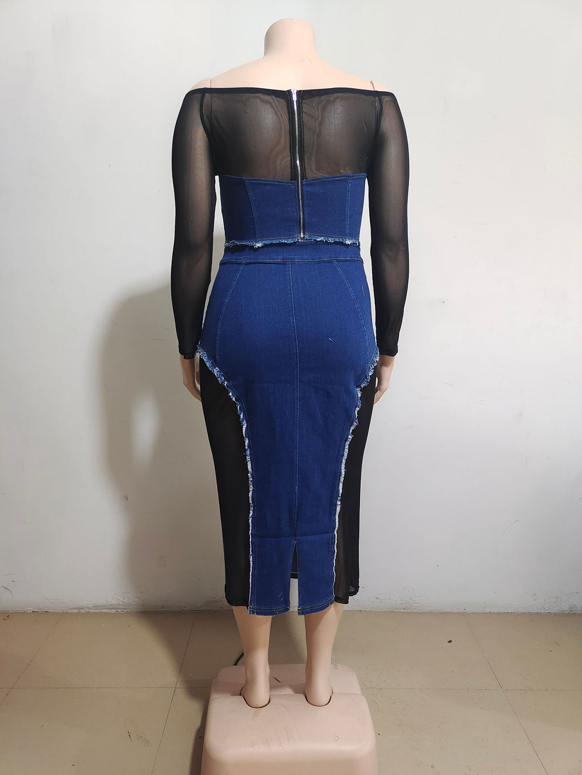 Sheer Mesh Patchwork Denim Skirt Sets