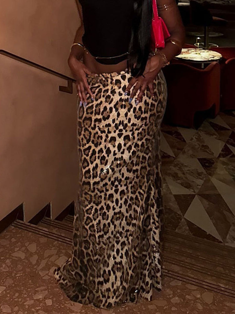 Sexy Leopard Print Sequin Maxi Skirt