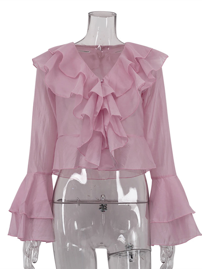 Fashion Ruffle V-Neck Bell-Sleeve Blouse