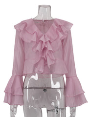 Fashion Ruffle V-Neck Bell-Sleeve Blouse