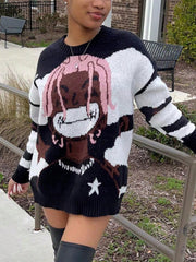 Knitted Color Matching Cartoon Loose Sweater