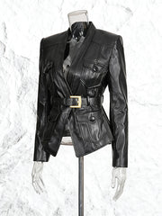 Fashion Deep V Belted Cinched Waist Faux Leather Jacket