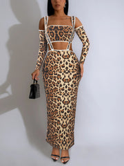 Sexy Slim Fit Leopard Print Two Piece Long Sleeve Dress