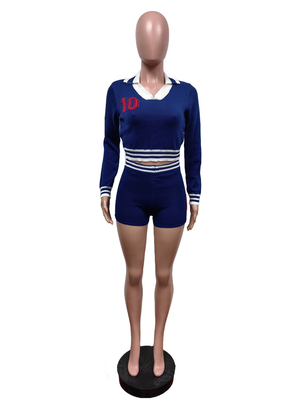 Knit Collared Crop Top And Shorts Casual Sets