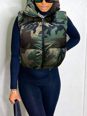 Casual Camouflage Print Patchwork Puffer Vest