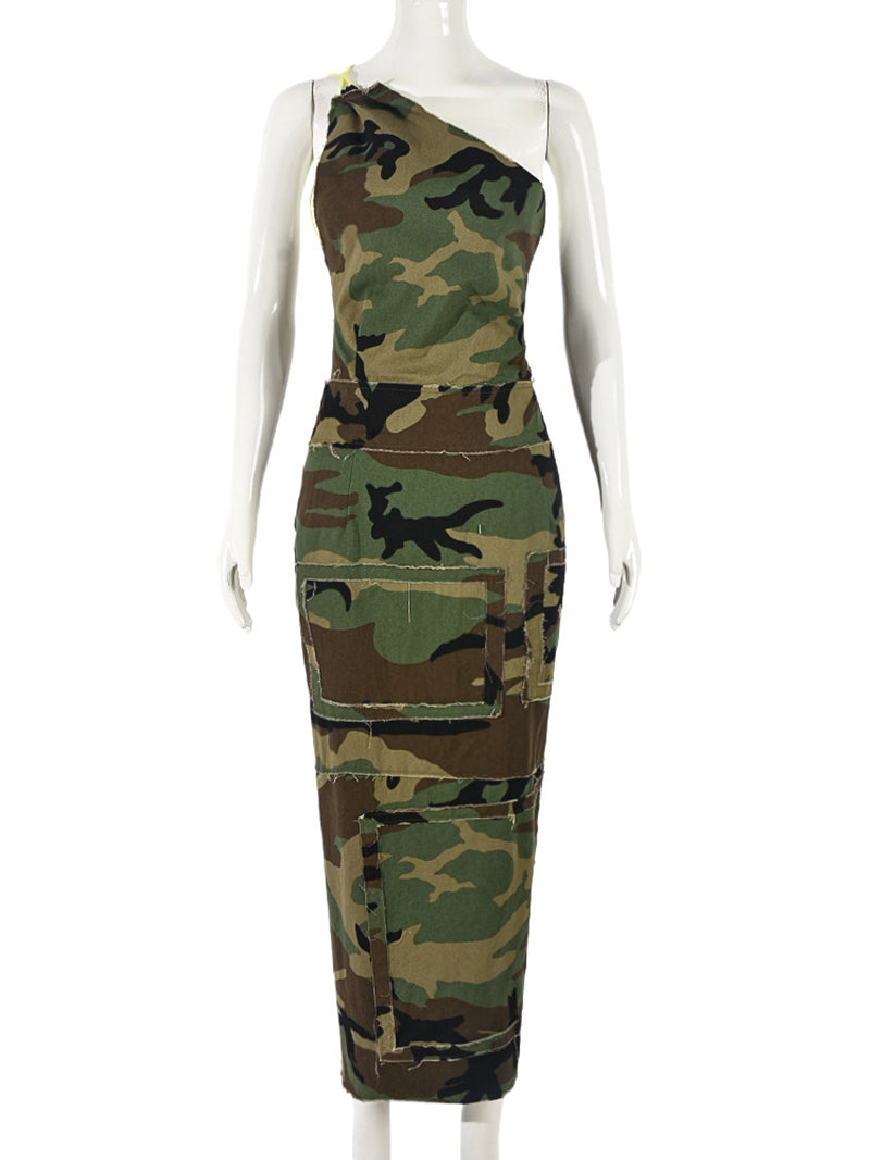 Camo Print One Shoulder Backless Slim Fit Midi Dresses