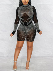 Long Sleeve Mesh Rhinestones Bodycon Nightclub Dress
