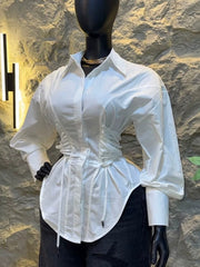 Belted Asymmetric Long Sleeve Blouse