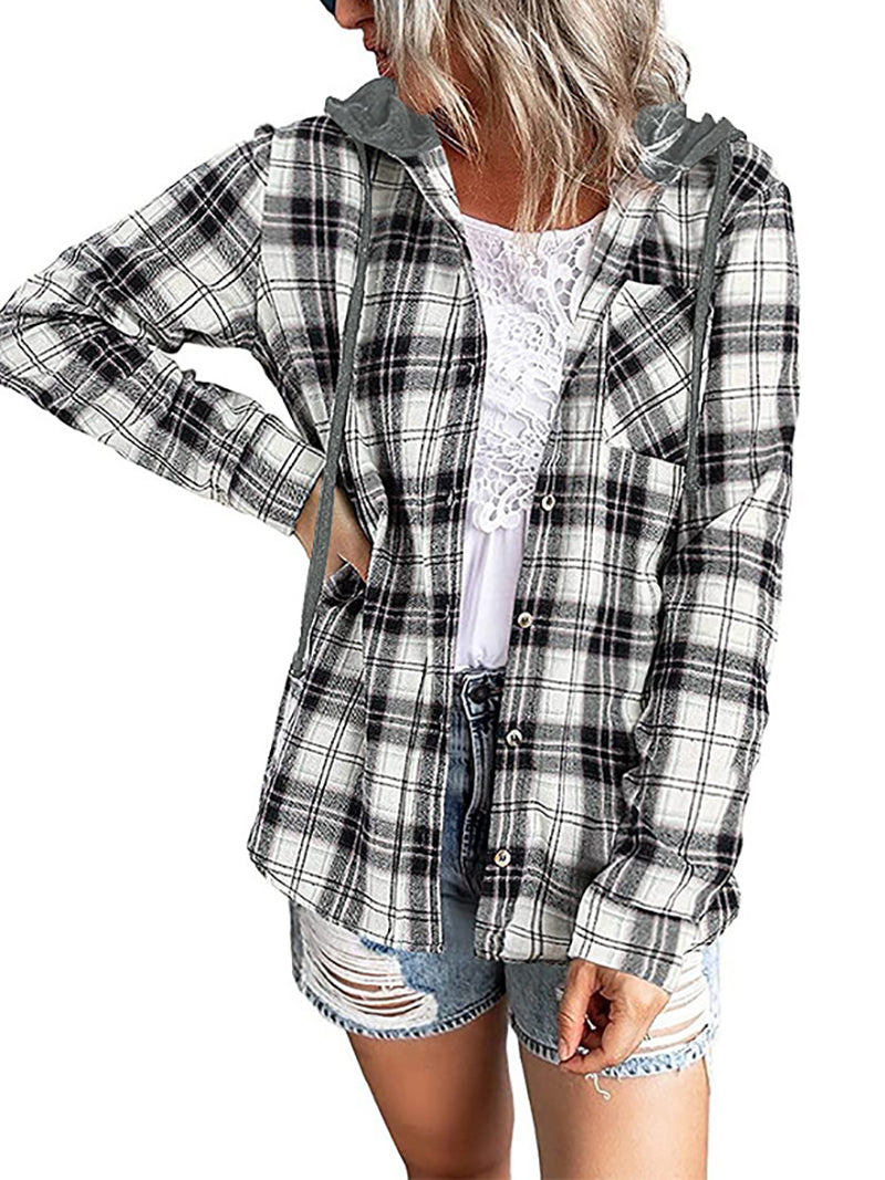 Casual Plaid Hooded Drawstring Button Down Shirt