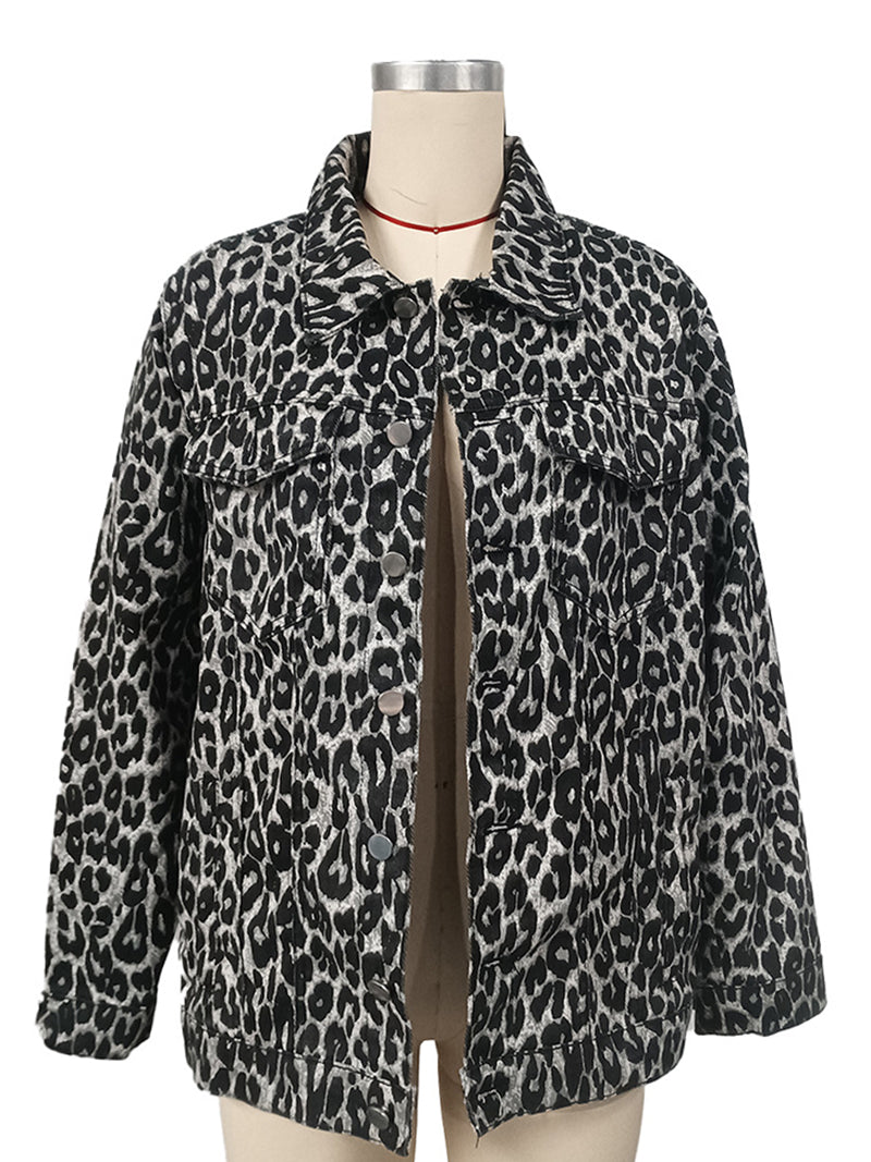 Street Casual Leopard Print Denim Jacket