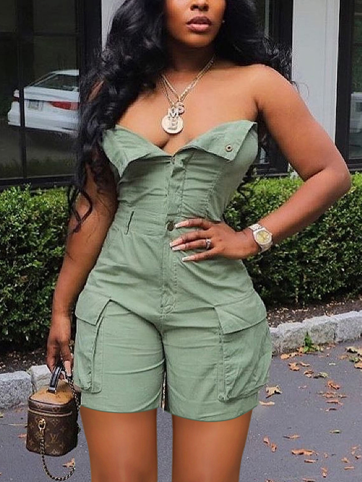 Sexy Strapless Denim Cargo Romper