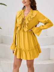 Chic V-Neck Ruffle Long Sleeve Slim Dress