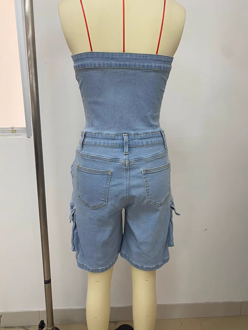 Sexy Strapless Denim Cargo Romper