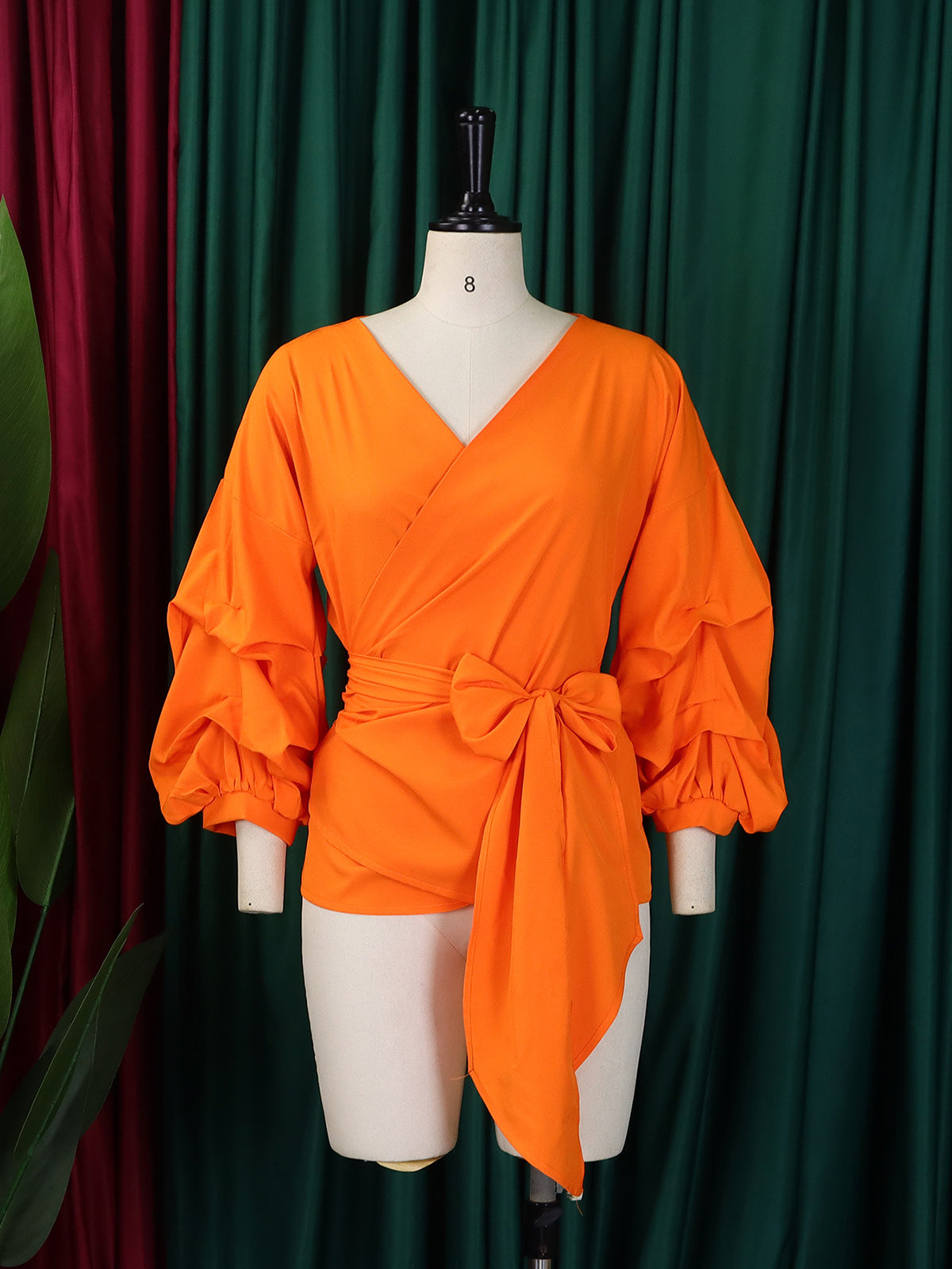 Elegant V Neck Cross Bandage Bubble Sleeve Shirts
