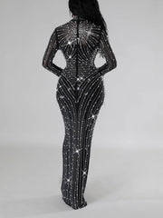 Sexy Rhinestone Sheer Mesh Party Club Maxi Dress