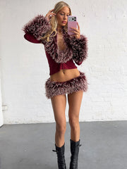 Faux Fur Trim Crop Top and Mini Skirt Set