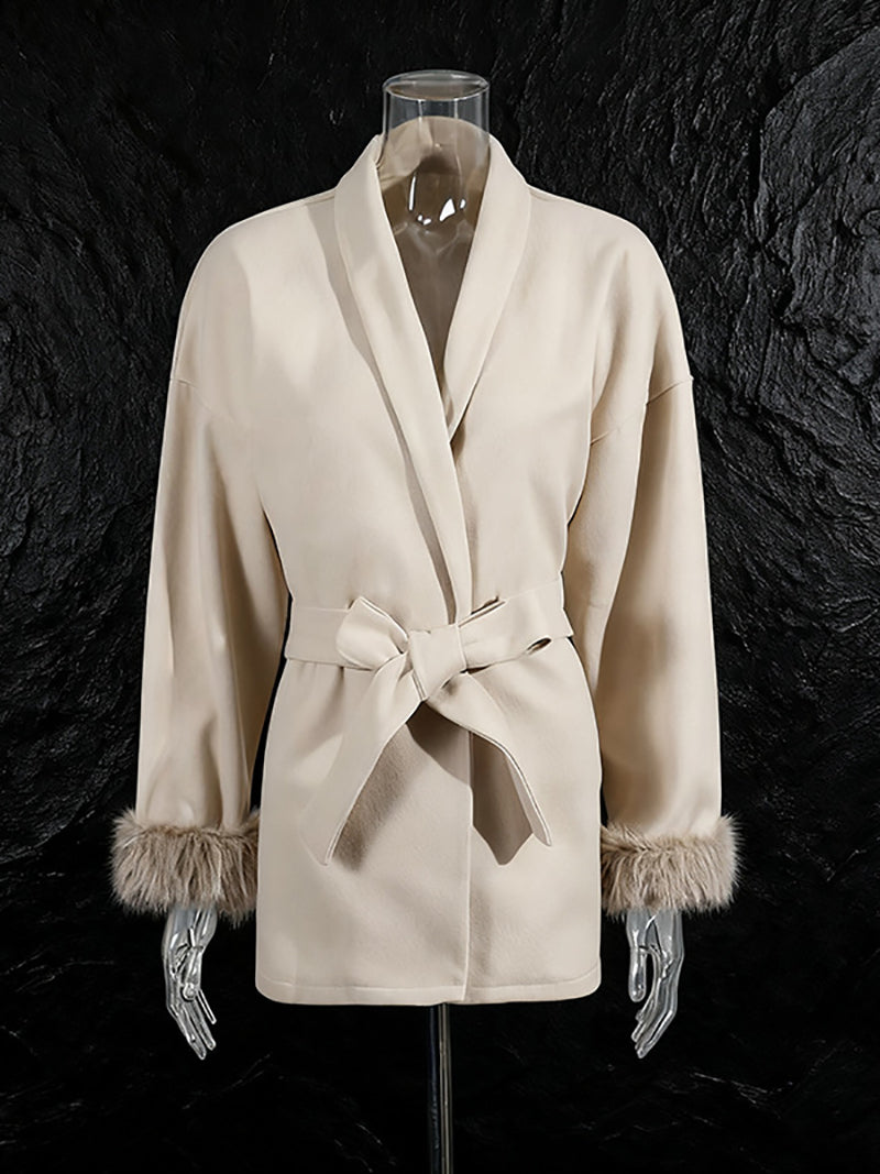 Elegant Long Sleeve Notched Collar Lace-up Coat