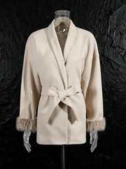 Elegant Long Sleeve Notched Collar Lace-up Coat