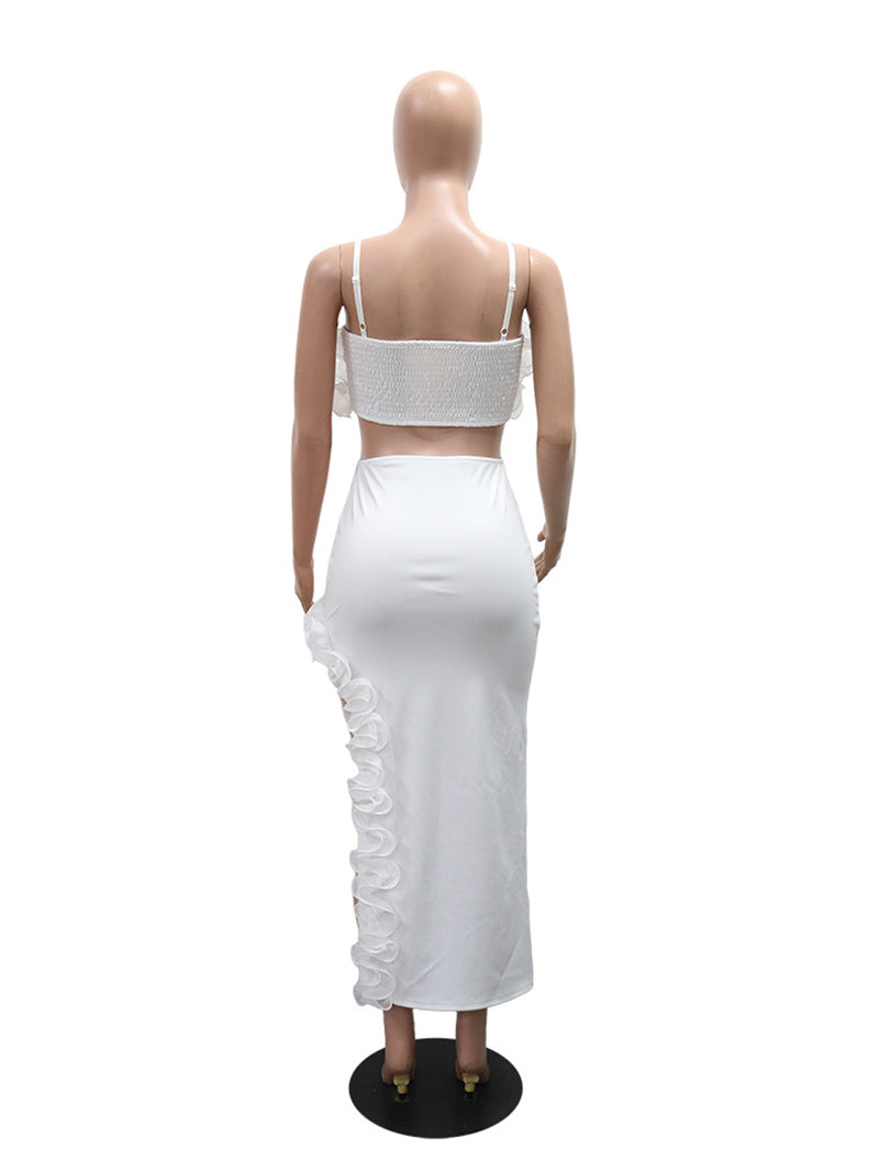 Elegant Ruffle Crop Vest and Irregular Slim Skirt Dress