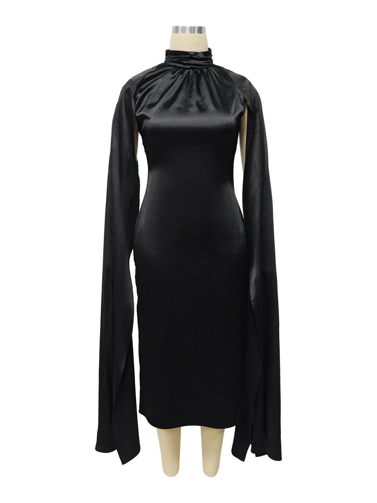 Cape Sleeves High-Neck Slim Midi Dress