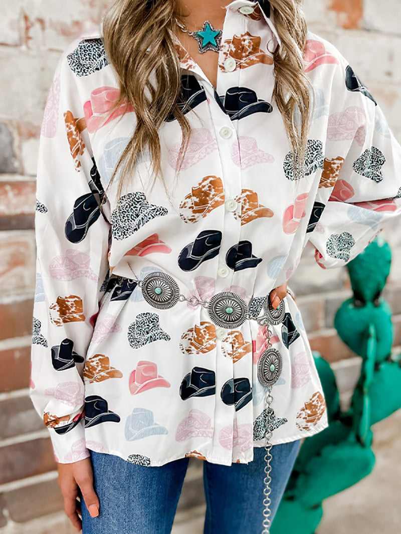 Casual Print Puff Sleeve Button Up Shirt