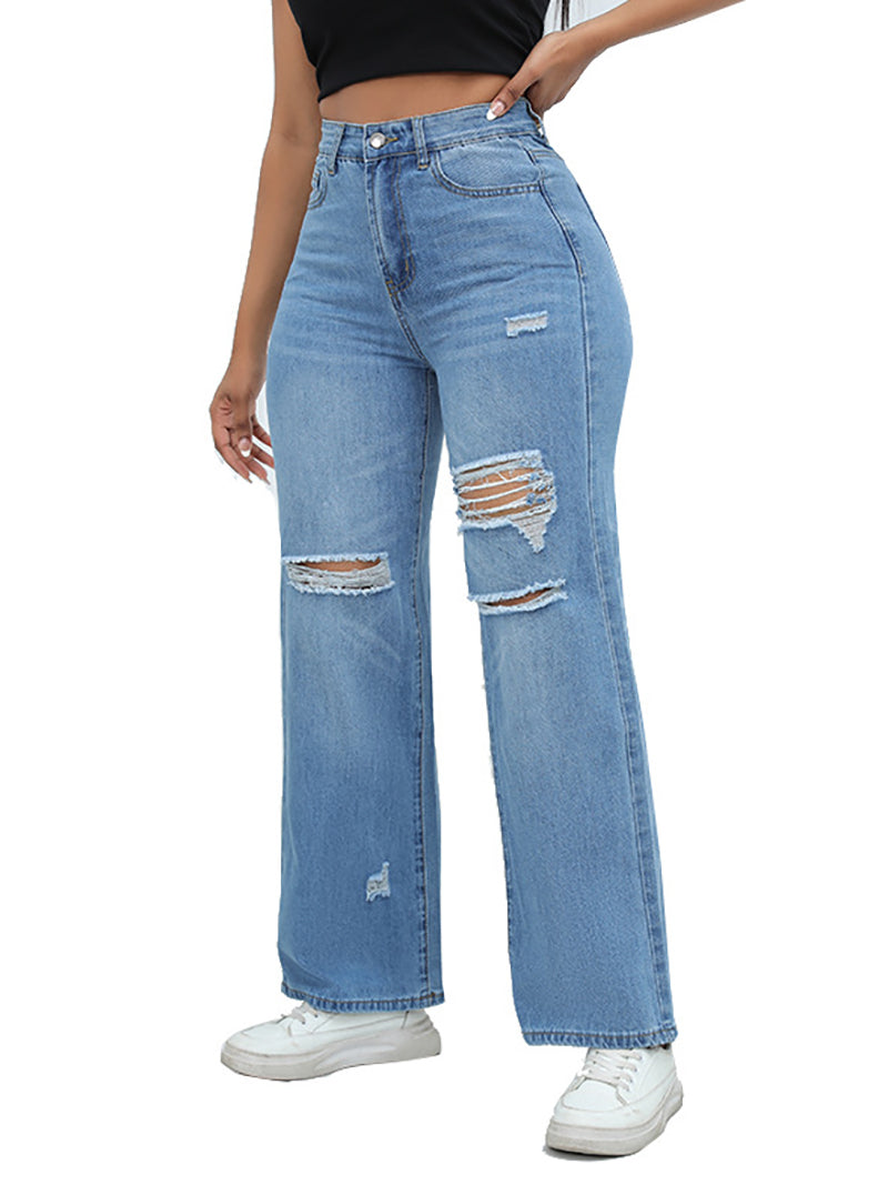 High Waist Ripped Straight Leg Jeans