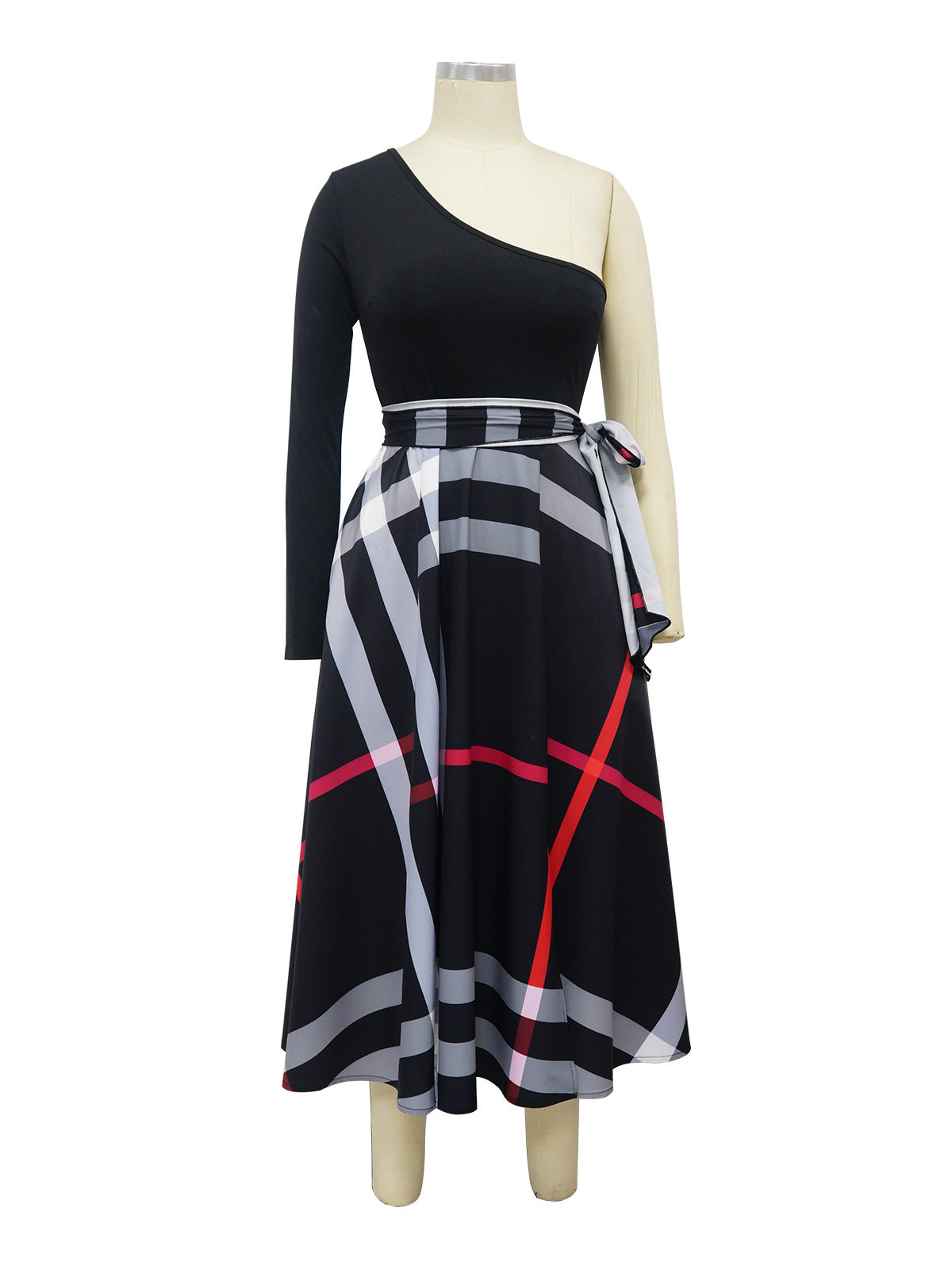 Causal One Shoulder Plaid Print High Waist Slit Dress