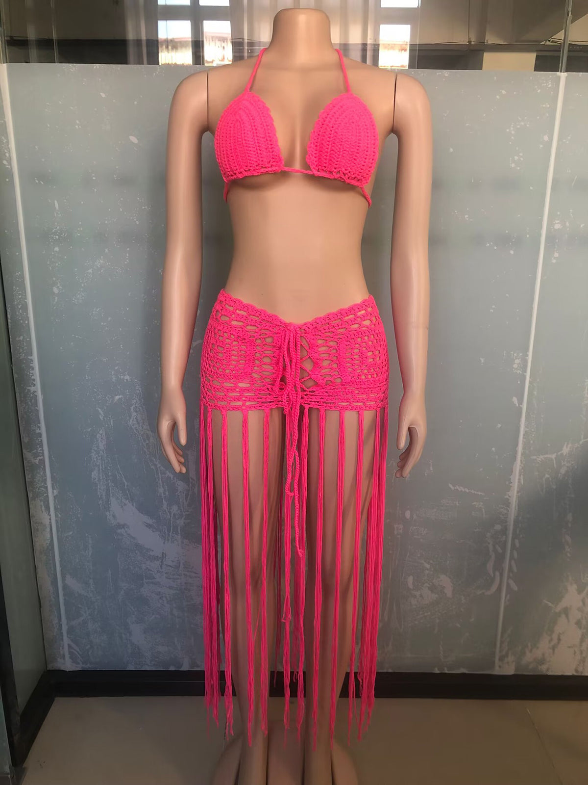 Knitted Crochet Bra Top with Long Tassel Skirt Sets