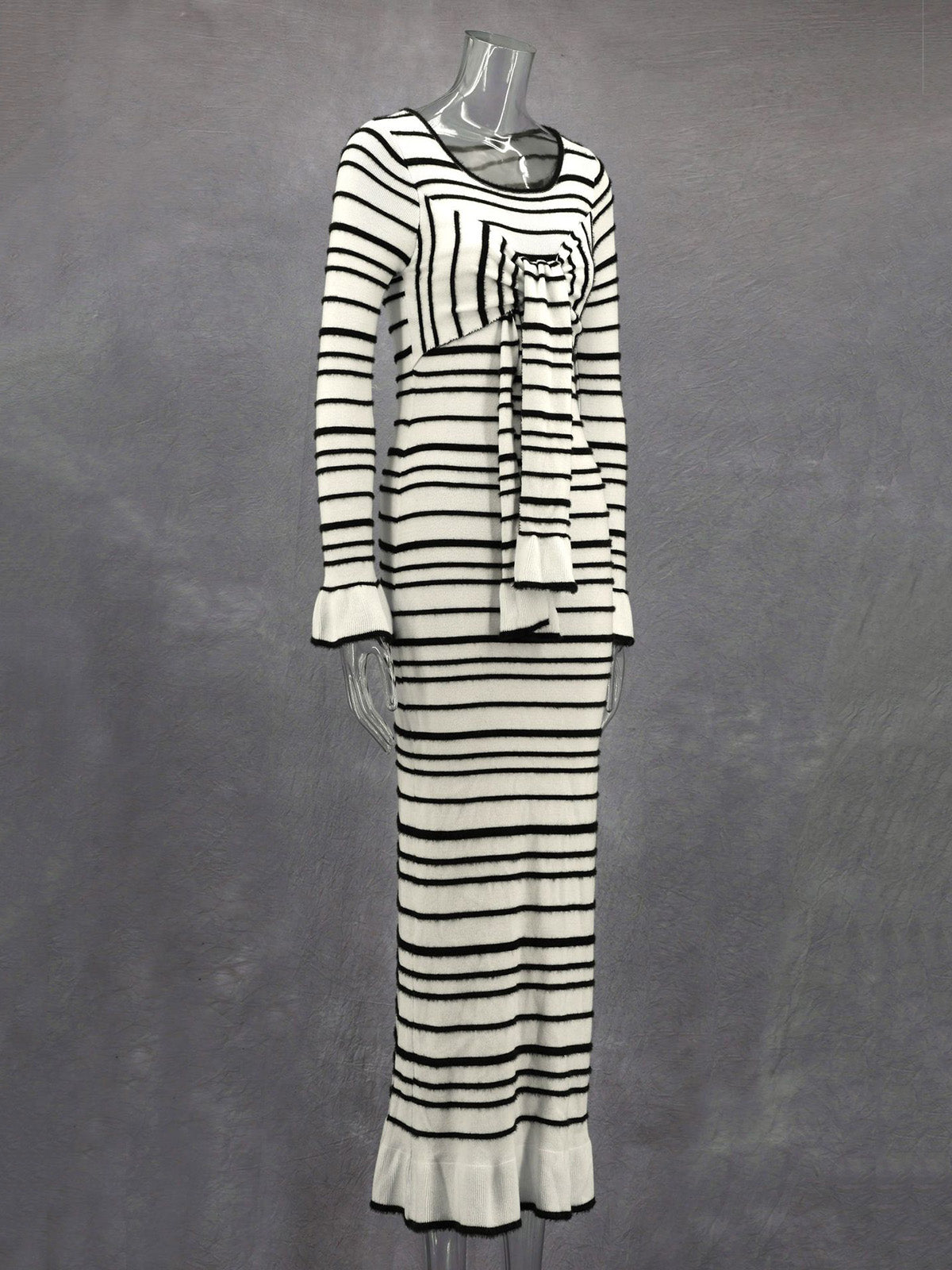 Knit Stripet Lace-up Bell Long Sleeve Dress