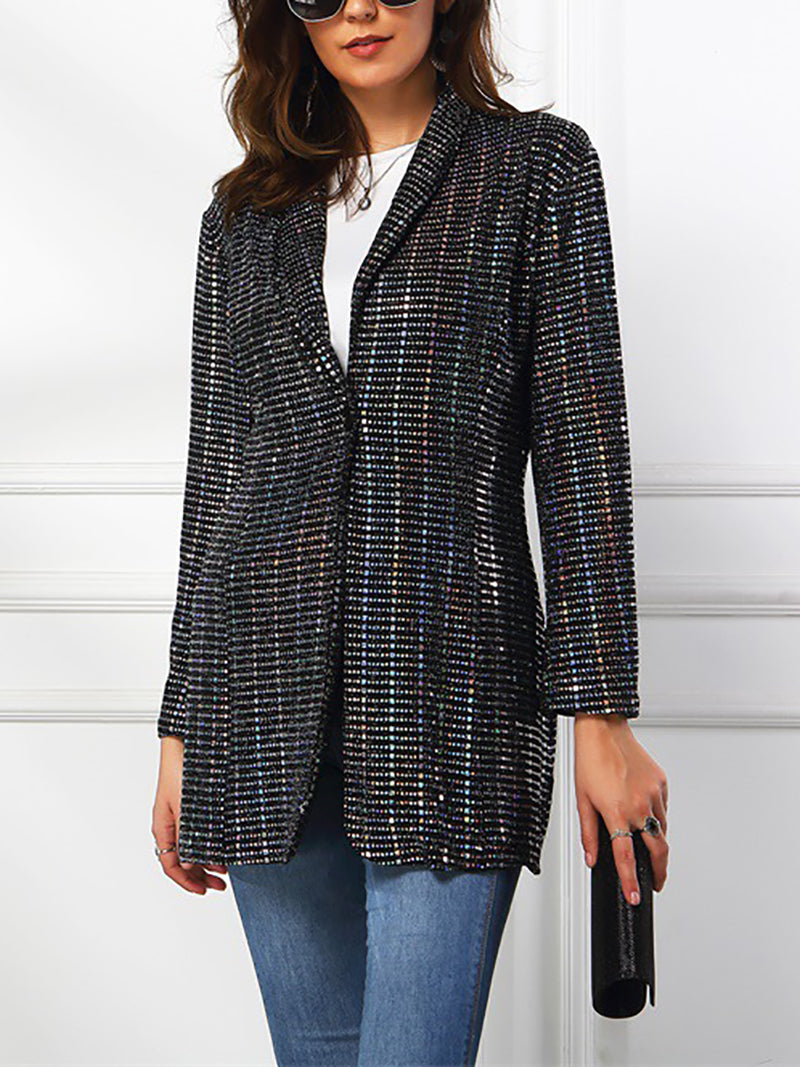 Fashion Solid Sequins Turndown Collar Slim Fit Blazer