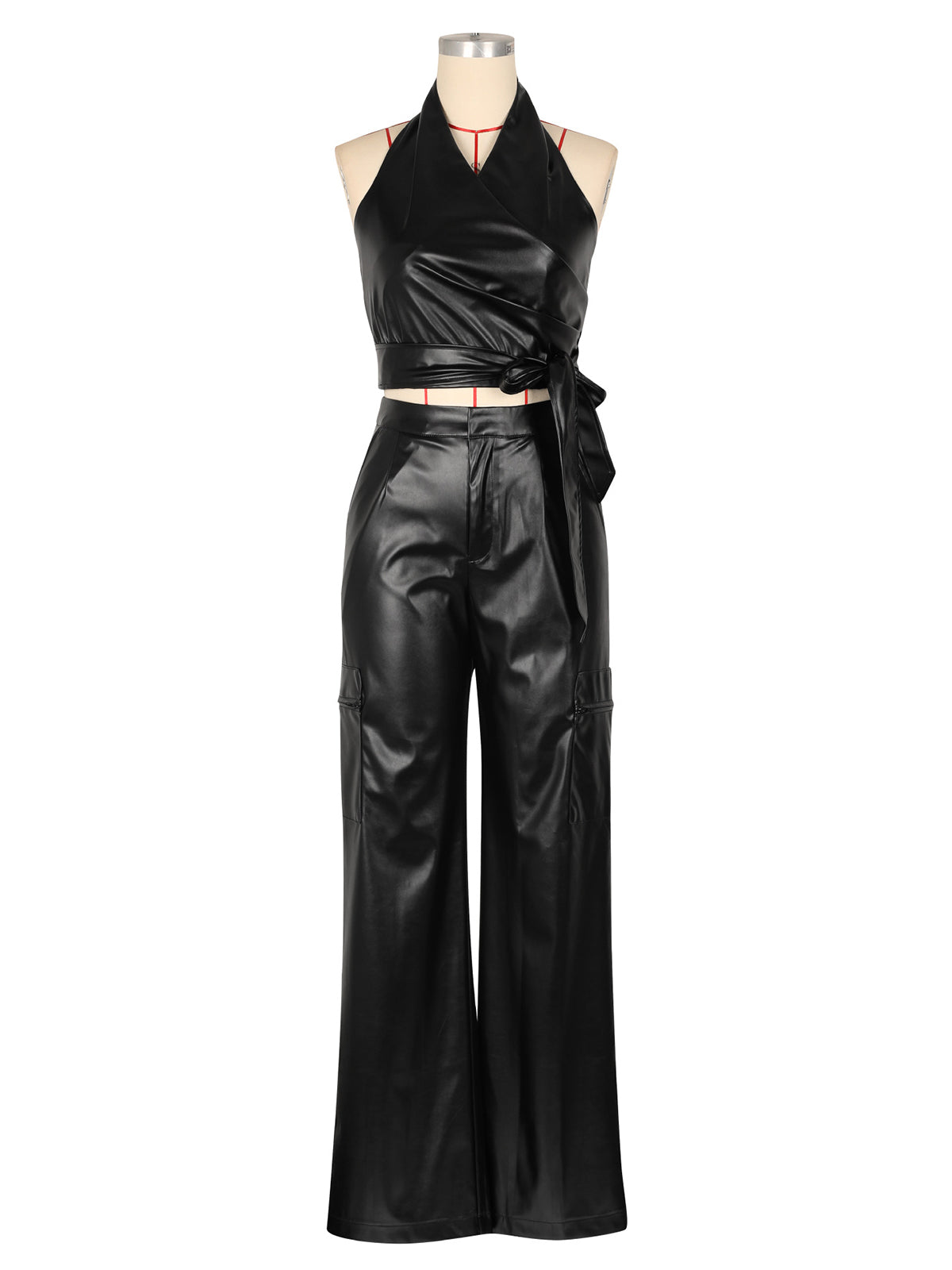 Sexy Faux Leather Halter Top And Pants Two Piece Set