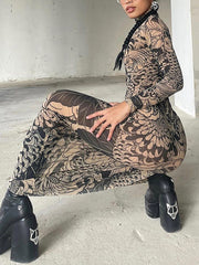 Turtleneck Print Sheer Mesh Bodycon Maxi Dress