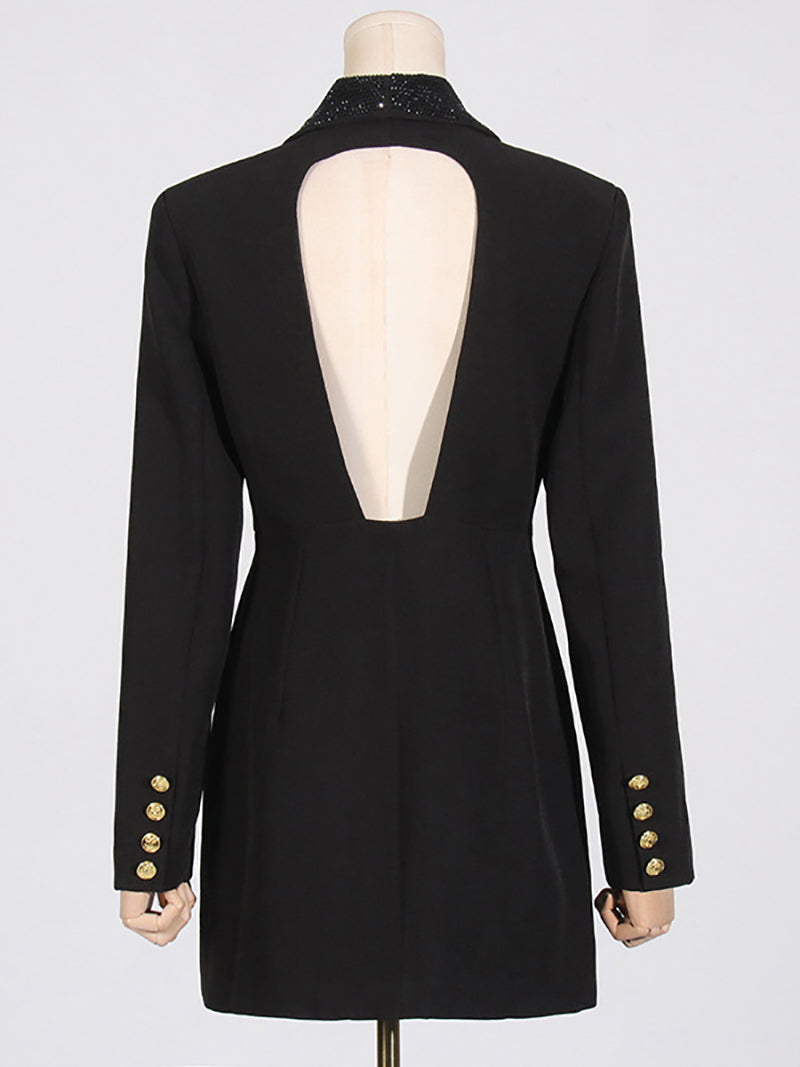 V Neck Rhinestone Hollow Backless Design Slim Blazer