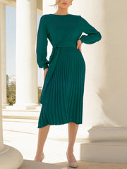 Fashion Round Neck Knit Pleated Sweater Dress