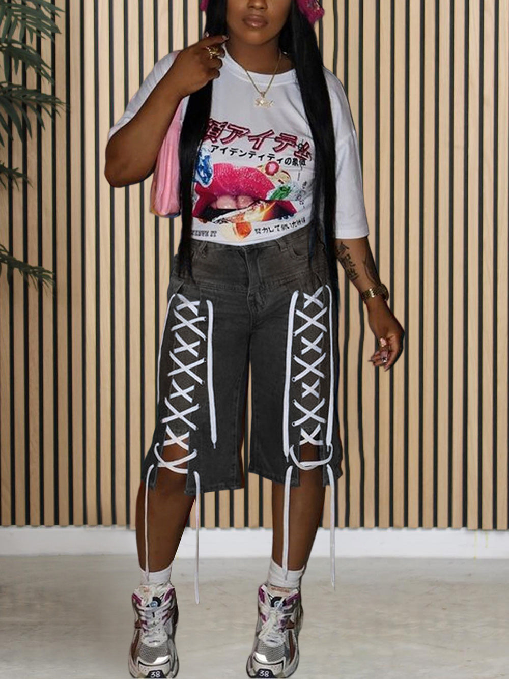 Drawstring Lace-up Washed Denim Shorts