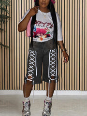 Drawstring Lace-up Washed Denim Shorts
