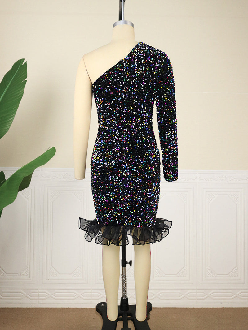 Sexy Sequin One Shoulder Party Dress