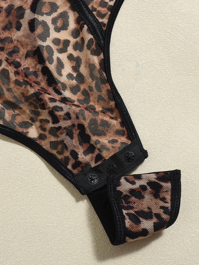 Sexy Leopard Print Sheer Mesh Bodysuit