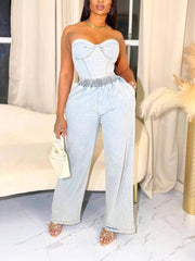 Casual Strapless Denim Top And Pants Two Piece Set