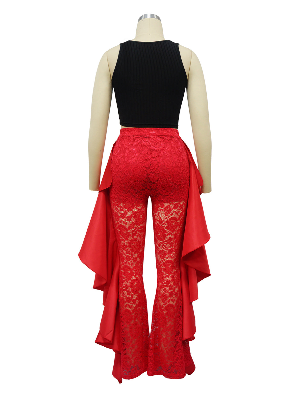 Patchwork Ruffle See Through Lace High Rise Pants