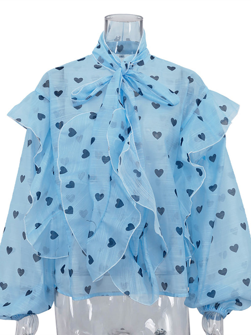 Casual Ruffle Puff Sleeve Sheer Heart Print Blouse