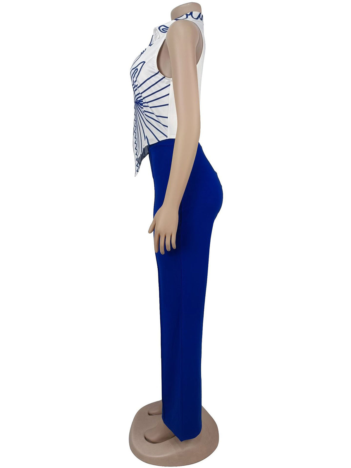 Print Turndown Collar Sleeveless Straight Pants Set