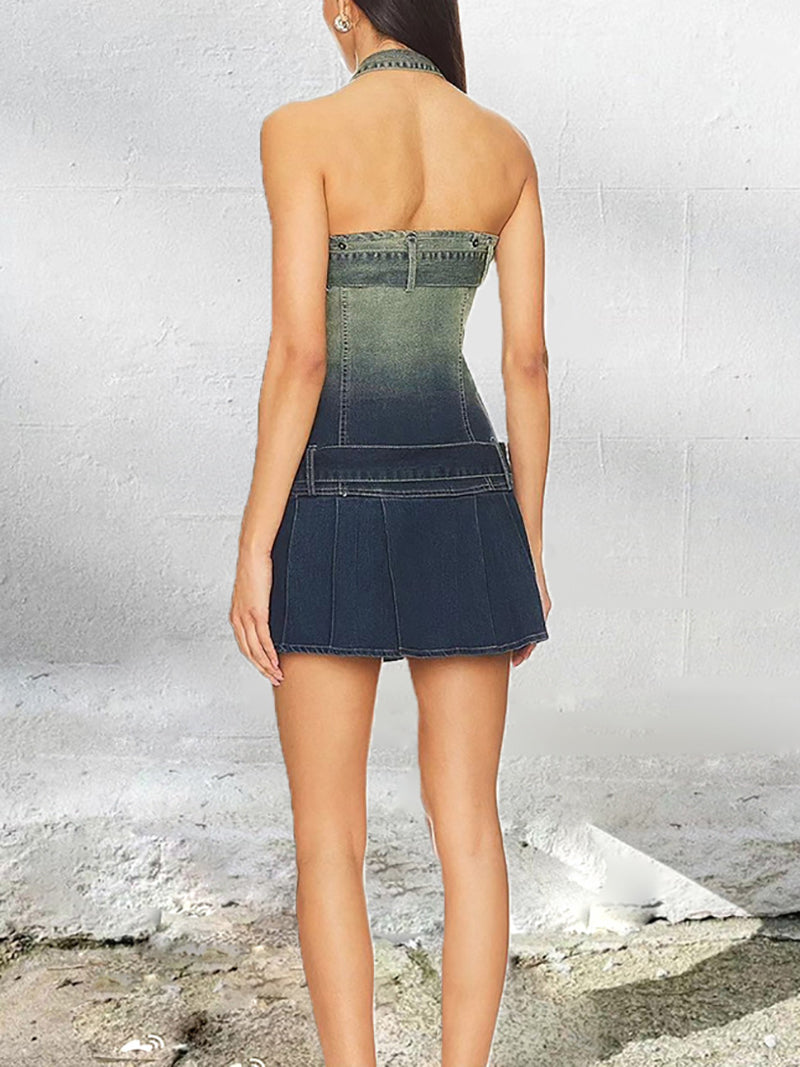 Denim Wash Halter Zipper Belt Gradient Sexy Trend Dress