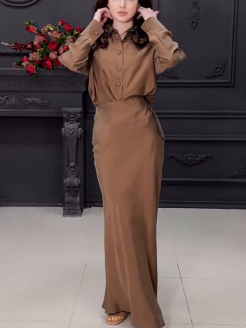 Casual Solid Color Shirt Long Skirt Set