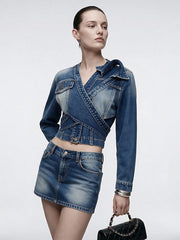 Asymmetric Tie Front Cropped Denim Jacket-boutique
